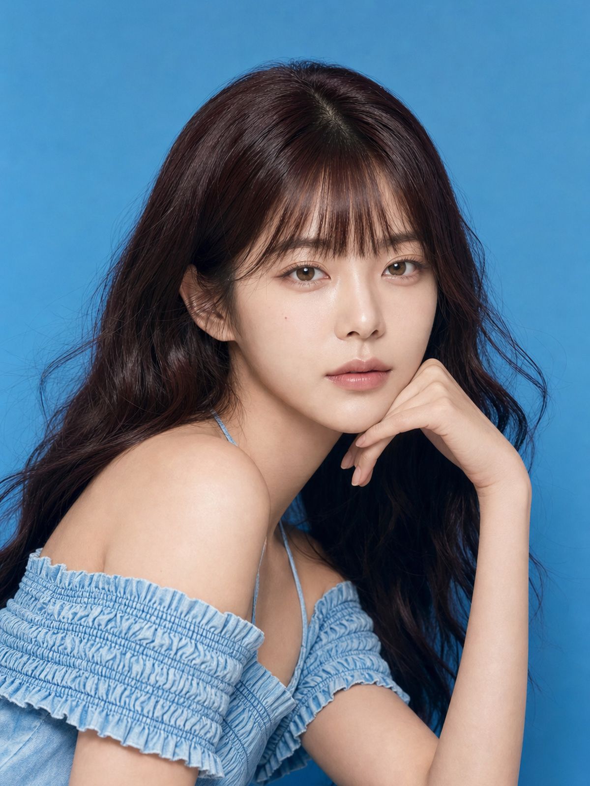 Han Seo-A in a denim off-shoulder top, studio editorial portrait