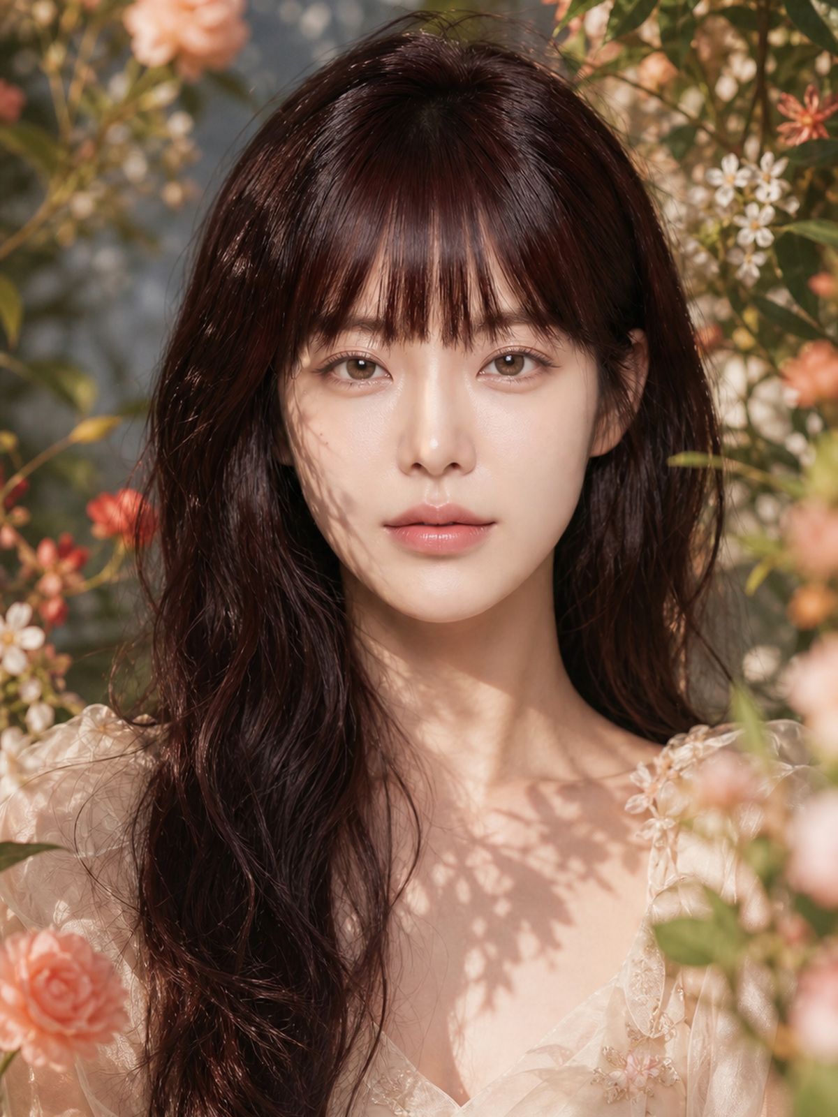 Han Seo-A in a sheer tulle dress amid a blooming rose garden, hair loose