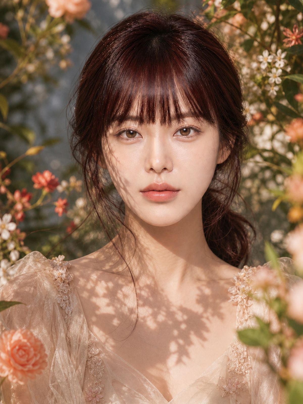 Han Seo-A in a sheer tulle dress amid a blooming rose garden, hair tied back